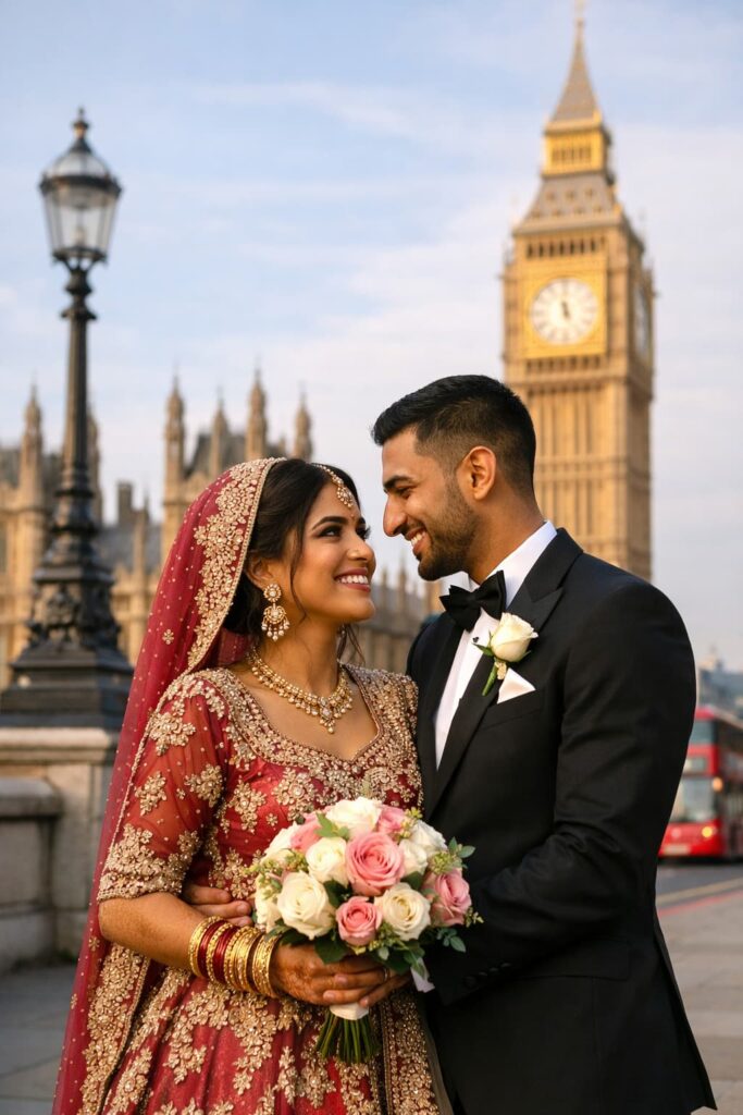 A bride in traditional attire holding a bouquet smiles at her groom, who is dressed in a tuxedo, with London's Big Ben in the background.