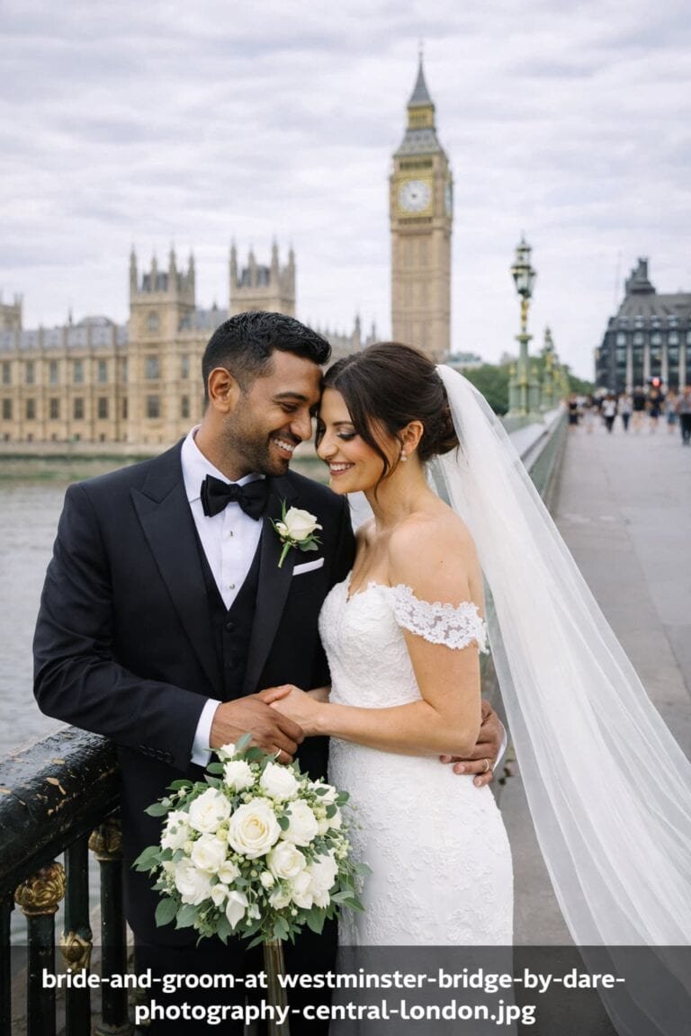 Newlyweds at Westminster Bridge | Wedding Photographer in London Newlyweds at Westminster Bridge in London photographed by Dare Photography, affordable wedding photographer and videographer in London
