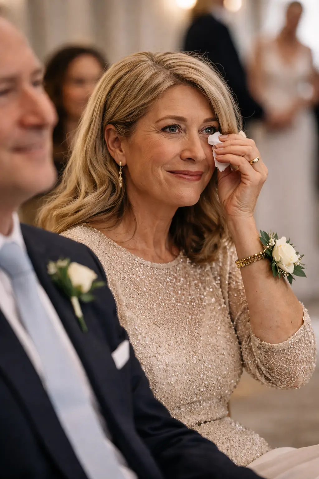 Emotional mother at wedding ceremony