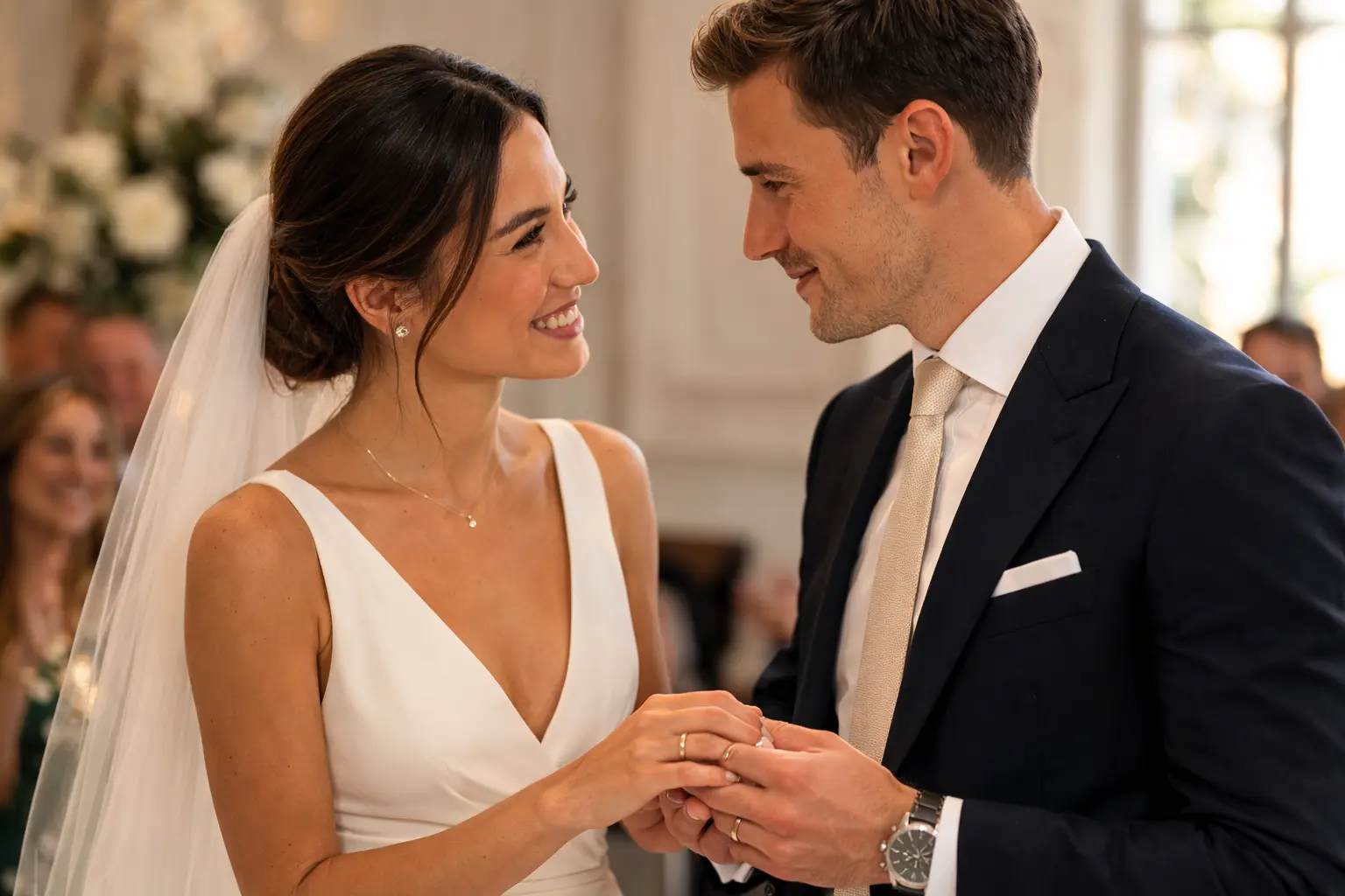 Joyful bridal moment after exchanging rings
