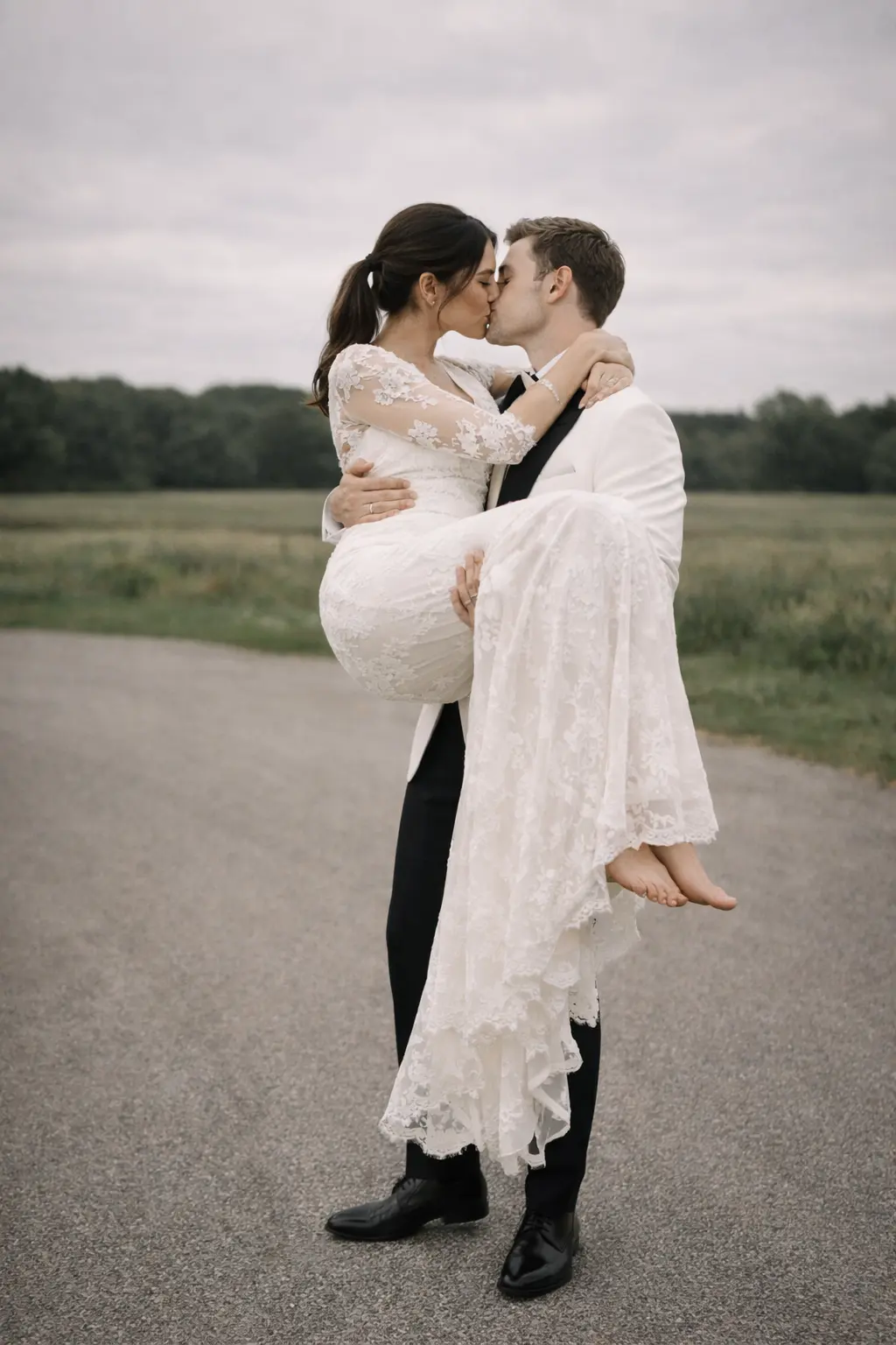 Newlyweds sharing a tender kiss