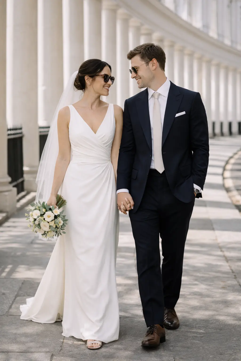 Newlyweds walking through London's columns