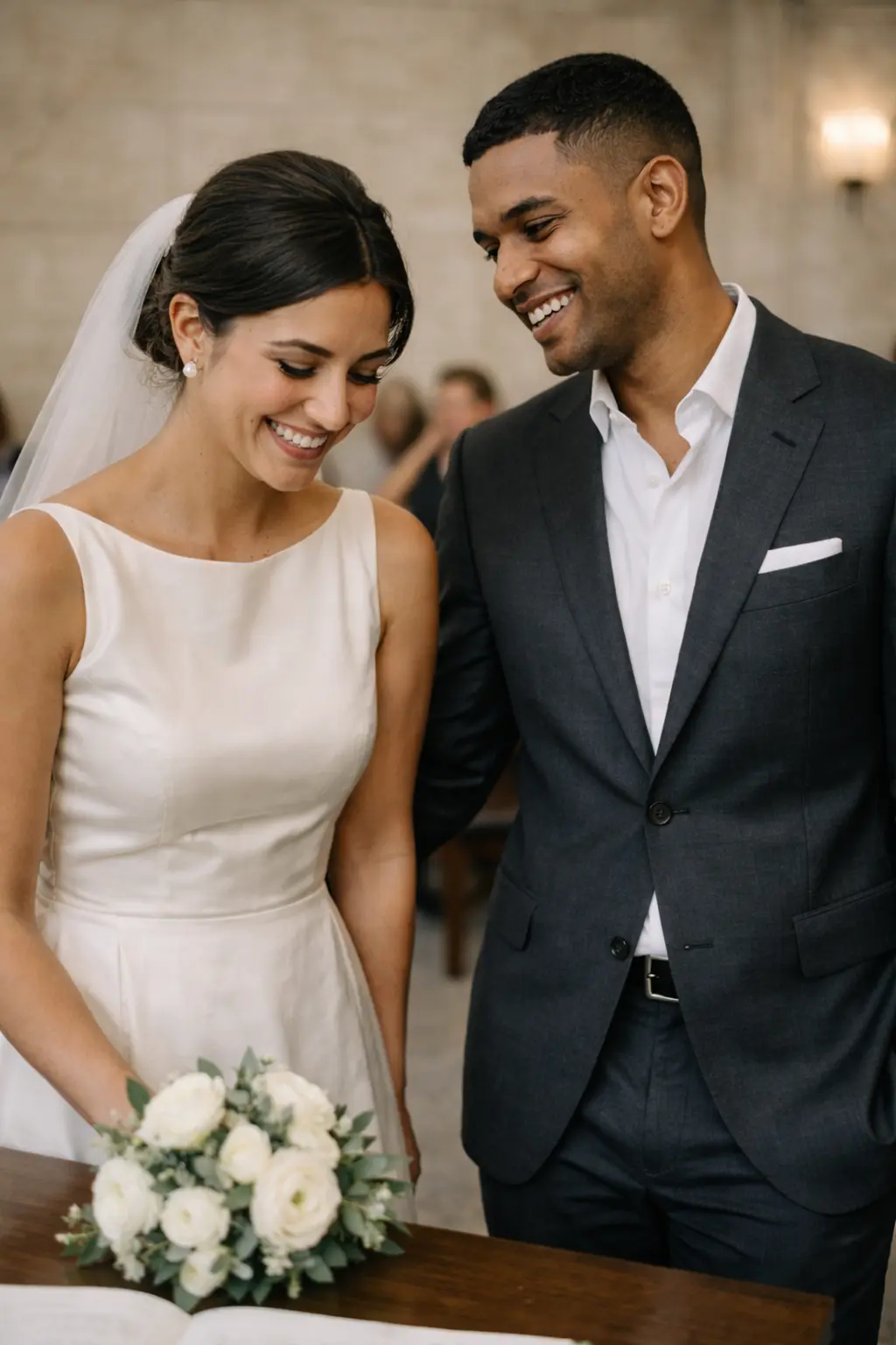 Couple reaction and smiles at London registry wedding